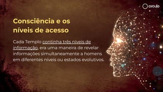 Cada Templo continha três níveis de
informação, era uma maneira de revelar
informações simultaneamente a homens
em diferentes níveis ou estados evolutivos.
Consciência e os
níveis de acesso
 