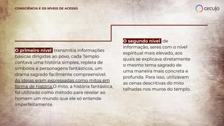 O primeiro nível transmitia informações
básicas dirigidas ao povo, cada Templo
contava uma história simples, repleta de
símbolos e personagens fantásticos, um
drama sagrado facilmente compreensível.
As ideias eram expressadas como mitos em
forma de história.O mito, a história fantástica,
foi utilizado como método para revelar ao
homem um mundo que ele só entende
imperfeitamente.
CONSCIÊNCIA E OS NÍVEIS DE ACESSO
O segundo nível de
informação, seres com o nível
espiritual mais elevado, aos
quais se explicava diretamente
o mesmo tema sagrado de
uma maneira mais concreta e
profunda. Para isso, utilizavam
as cenas descritivas do mito
talhadas nos muros do templo.
 