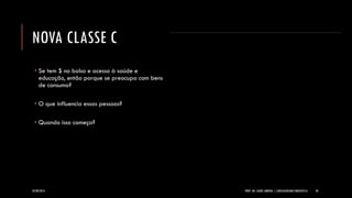 NOVA CLASSE C 
Se tem $ no bolso e acesso à saúde e educação, então porque se preocupa com bens de consumo? 
O que influencia essas pessoas? 
Quando isso começa? 
24/09/2014 PROF. MS. AGNES ARRUDA | LINGUAGEM MULTIMIDIÁTICA 20 
 