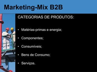Marketing-Mix B2B CATEGORIAS DE PRODUTOS: Matérias-primas e energia; Componentes; Consumíveis; Bens de Consumo; Serviços. 