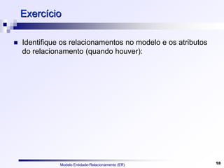 Modelo Entidade-Relacionamento (ER) 18
Exercício
 Identifique os relacionamentos no modelo e os atributos
do relacionamento (quando houver):
 