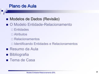 Modelo Entidade-Relacionamento (ER) 2
Plano de Aula
 Modelos de Dados (Revisão)
 O Modelo Entidade-Relacionamento
 Entidades
 Atributos
 Relacionamentos
 Identificando Entidades e Relacionamentos
 Resumo da Aula
 Bibliografia
 Tema de Casa
 