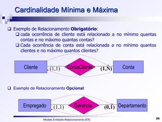 Modelo Entidade-Relacionamento (ER) 26
Cliente Conta
ContaCliente
(1,1) (1,N)
 Exemplo de Relacionamento Obrigatório:
 cada ocorrência de cliente está relacionado a no mínimo quantas
contas e no máximo quantas contas?
 Cada ocorrência de conta está relacionada a no mínimo quantos
clientes e no máximo quantos clientes?
 Exemplo de Relacionamento Opcional:
Cardinalidade Mínima e Máxima
Empregado Departamento
Gerencia
(1,1) (0,1)
 