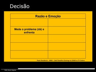 Razão e Emoção Paulo Gaudêncio – 08/05 – Café Filosófico Domingo às 22h00 na TV Cultura Mede o problema (dá) e enfrenta Decisão 