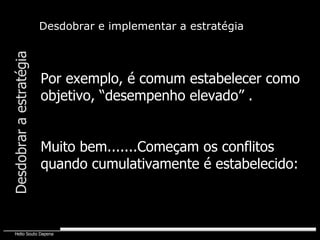 Por exemplo, é comum estabelecer como objetivo, “desempenho elevado” .  Muito bem.......Começam os conflitos quando cumulativamente é estabelecido: Desdobrar e implementar a estratégia Desdobrar a estratégia 