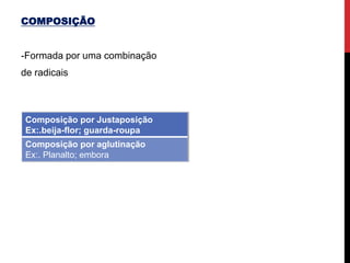 COMPOSIÇÃO
-Formada por uma combinação
de radicais
Composição por Justaposição
Ex:.beija-flor; guarda-roupa
Composição por aglutinação
Ex:. Planalto; embora
 