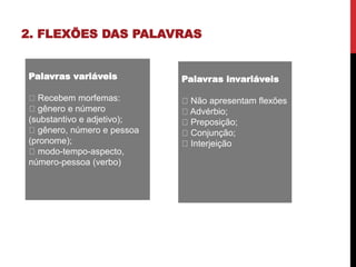 2. FLEXÕES DAS PALAVRAS
Palavras variáveis
Recebem morfemas:
gênero e número
(substantivo e adjetivo);
gênero, número e pessoa
(pronome);
modo-tempo-aspecto,
número-pessoa (verbo)
Palavras invariáveis
Não apresentam flexões
Advérbio;
Preposição;
Conjunção;
Interjeição
 