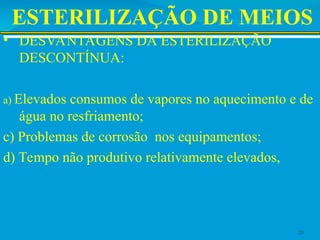 ESTERILIZAÇÃO DE MEIOS
• DESVANTAGENS DA ESTERILIZAÇÃO
DESCONTÍNUA:
a) Elevados consumos de vapores no aquecimento e de
água no resfriamento;
c) Problemas de corrosão nos equipamentos;
d) Tempo não produtivo relativamente elevados,
20
 