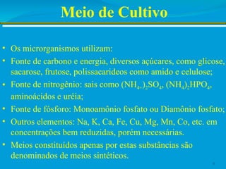 Meio de Cultivo
• Os microrganismos utilizam:
• Fonte de carbono e energia, diversos açúcares, como glicose,
sacarose, frutose, polissacarideos como amido e celulose;
• Fonte de nitrogênio: sais como (NH4+)2SO4, (NH4)2HPO4,
aminoácidos e uréia;
• Fonte de fósforo: Monoamônio fosfato ou Diamônio fosfato;
• Outros elementos: Na, K, Ca, Fe, Cu, Mg, Mn, Co, etc. em
concentrações bem reduzidas, porém necessárias.
• Meios constituídos apenas por estas substâncias são
denominados de meios sintéticos.
8
 