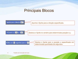 Principais Blocos
Trabalho de Conclusão de Curso6
Aponta o Sprite para a direção especificada.
Desloca o Sprite no cenário para determinada posição x-y.
Desliza o Sprite para a posição x especificada em
determinada quantidade de segundos.
 