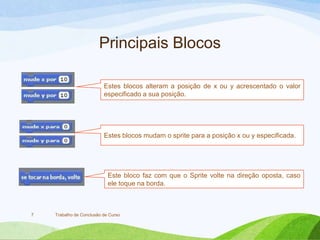 Principais Blocos
Trabalho de Conclusão de Curso7
Estes blocos mudam o sprite para a posição x ou y especificada.
Este bloco faz com que o Sprite volte na direção oposta, caso
ele toque na borda.
Estes blocos alteram a posição de x ou y acrescentado o valor
especificado a sua posição.
 