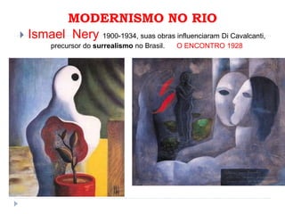 MODERNISMO NO RIO
 Ismael Nery 1900-1934, suas obras influenciaram Di Cavalcanti,
precursor do surrealismo no Brasil. O ENCONTRO 1928
 