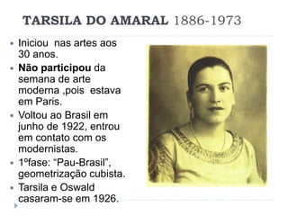 TARSILA DO AMARAL 1886-1973
 Iniciou nas artes aos
30 anos.
 Não participou da
semana de arte
moderna ,pois estava
em Paris.
 Voltou ao Brasil em
junho de 1922, entrou
em contato com os
modernistas.
 1ºfase: “Pau-Brasil”,
geometrização cubista.
 Tarsila e Oswald
casaram-se em 1926.
 