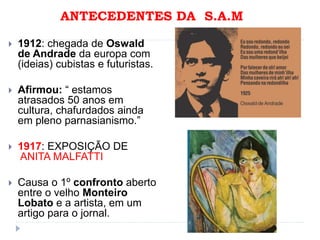 ANTECEDENTES DA S.A.M
 1912: chegada de Oswald
de Andrade da europa com
(ideias) cubistas e futuristas.
 Afirmou: “ estamos
atrasados 50 anos em
cultura, chafurdados ainda
em pleno parnasianismo.”
 1917: EXPOSIÇÃO DE
ANITA MALFATTI
 Causa o 1º confronto aberto
entre o velho Monteiro
Lobato e a artista, em um
artigo para o jornal.
 