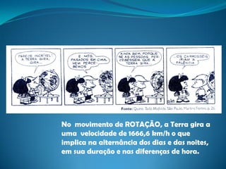 No movimento de ROTAÇÃO, a Terra gira a
uma velocidade de 1666,6 km/h o que
implica na alternância dos dias e das noites,
em sua duração e nas diferenças de hora.
 