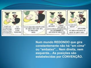 Num mundo REDONDO que gira
constantemente não há “em cima”
ou “embaixo”... Nem direita, nem
esquerda... As posições são
estabelecidas por CONVENÇÃO.
 