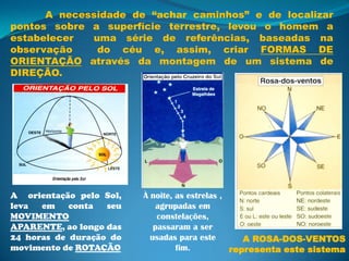 A necessidade de “achar caminhos” e de localizar
pontos sobre a superfície terrestre, levou o homem a
estabelecer  uma série de referências, baseadas na
observação    do céu e, assim, criar FORMAS DE
ORIENTAÇÃO através da montagem de um sistema de
DIREÇÃO.




A orientação pelo Sol,   À noite, as estrelas ,
leva  em    conta  seu       agrupadas em
MOVIMENTO                    constelações,
APARENTE, ao longo das      passaram a ser
24 horas de duração do     usadas para este        A ROSA-DOS-VENTOS
movimento de ROTAÇÃO              fim.          representa este sistema
 