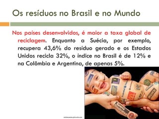 Os resíduos no Brasil e no Mundo
Nos países desenvolvidos, é maior a taxa global de
reciclagem. Enquanto a Suécia, por exemplo,
recupera 43,6% do resíduo gerado e os Estados
Unidos recicla 32%, o índice no Brasil é de 12% e
na Colômbia e Argentina, de apenas 5%.

adolescentes.pbworks.com

 