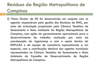 Resíduos da Região Metropolitana de
Campinas
38

O Plano Diretor de RS foi desenvolvido em conjunto com os
agentes responsáveis pela gestão dos Resíduos da RMC, por
meio da articulação propiciada pela Câmara Temática de
Saneamento e Meio Ambiente da Região Metropolitana de
Campinas, com ações de gerenciamento operacionais para o
desenvolvimento do trabalho realizado por meio da
coordenação da Agemcamp e com o apoio técnico da
EMPLASA e da equipe de consultoria especializada e, em
especial, com a contribuição decisiva dos agentes municipais
representados na Câmara Temática de Saneamento e Meio
Ambiente do Conselho de Desenvolvimento da Região
Metropolitana de Campinas.

 
