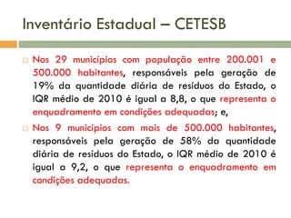 Inventário Estadual – CETESB




Nos 29 municípios com população entre 200.001 e
500.000 habitantes, responsáveis pela geração de
19% da quantidade diária de resíduos do Estado, o
IQR médio de 2010 é igual a 8,8, o que representa o
enquadramento em condições adequadas; e,
Nos 9 municípios com mais de 500.000 habitantes,
responsáveis pela geração de 58% da quantidade
diária de resíduos do Estado, o IQR médio de 2010 é
igual a 9,2, o que representa o enquadramento em
condições adequadas.

 
