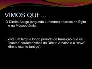 VIMOS QUE... O Direito Antigo (segundo Luhmann) aparece no Egito e na Mesopotâmia. Existe um largo e longo período de transição que vai “conter” características do Direito Arcaico e o “novo” direito escrito (antigo); 