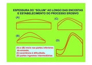 ESPESSURA DO “SOLUM” AO LONGO DAS ENCOSTAS
E ESTABELECIMENTO DO PROCESSO EROSIVO
(A)
(C)
(D)
(B)
(A) e (B) início nas partes inferiores
da encosta,
(C) ocorrência é dificultado,
(D) partes íngremes intermediárias
 