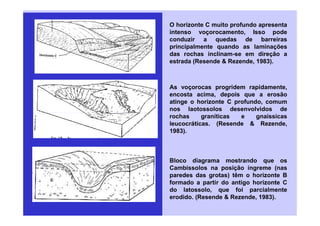 O horizonte C muito profundo apresenta
intenso voçorocamento, Isso pode
conduzir a quedas de barreiras
principalmente quando as laminações
das rochas inclinam-se em direção a
estrada (Resende & Rezende, 1983).
As voçorocas progridem rapidamente,
encosta acima, depois que a erosão
atinge o horizonte C profundo, comum
nos laotossolos desenvolvidos de
rochas graníticas e gnaissicas
rochas graníticas e gnaissicas
leucocráticas. (Resende & Rezende,
1983).
Bloco diagrama mostrando que os
Cambissolos na posição íngreme (nas
paredes das grotas) têm o horizonte B
formado a partir do antigo horizonte C
do latossolo, que foi parcialmente
erodido. (Resende & Rezende, 1983).
 