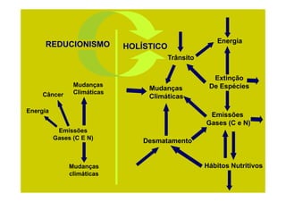 REDUCIONISMO
Mudanças
Climáticas
Câncer
Mudanças
Climáticas
Extinção
De Espécies
Energia
Trânsito
HOLÍSTICO
Mudanças
climáticas
Emissões
Gases (C E N)
Energia
Hábitos Nutritivos
Emissões
Gases (C e N)
Desmatamento
 