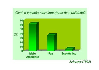 40
50
60
70
Qual a questão mais importante da atualidade?
(%)
Schuster (1992)
0
10
20
30
40
Meio
Ambiente
Paz Econômico
(%)
 