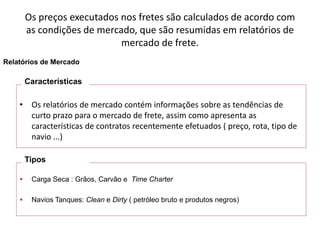 Especialização em Gestão Portuária
Click to edit Master title style
Os preços executados nos fretes são calculados de acordo com
as condições de mercado, que são resumidas em relatórios de
mercado de frete.
• Os relatórios de mercado contém informações sobre as tendências de
curto prazo para o mercado de frete, assim como apresenta as
características de contratos recentemente efetuados ( preço, rota, tipo de
navio ...)
Relatórios de Mercado
Características
 Carga Seca : Grãos, Carvão e Time Charter
 Navios Tanques: Clean e Dirty ( petróleo bruto e produtos negros)
Tipos
 