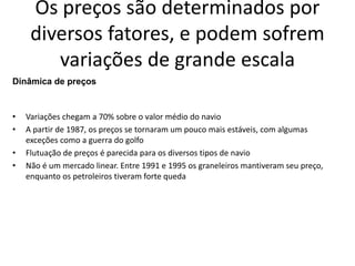 Especialização em Gestão Portuária
Click to edit Master title style
Os preços são determinados por
diversos fatores, e podem sofrem
variações de grande escala
• Variações chegam a 70% sobre o valor médio do navio
• A partir de 1987, os preços se tornaram um pouco mais estáveis, com algumas
exceções como a guerra do golfo
• Flutuação de preços é parecida para os diversos tipos de navio
• Não é um mercado linear. Entre 1991 e 1995 os graneleiros mantiveram seu preço,
enquanto os petroleiros tiveram forte queda
Dinâmica de preços
 