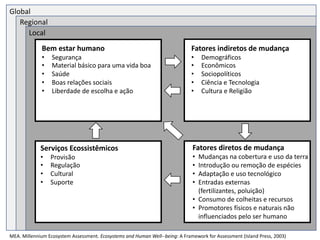 12
Global
Regional
Local
MEA. Millennium Ecosystem Assessment. Ecosystems and Human Well--being: A Framework for Assessment (Island Press, 2003)
Bem estar humano
• Segurança
• Material básico para uma vida boa
• Saúde
• Boas relações sociais
• Liberdade de escolha e ação
Serviços Ecossistêmicos
• Provisão
• Regulação
• Cultural
• Suporte
Fatores indiretos de mudança
• Demográficos
• Econômicos
• Sociopolíticos
• Ciência e Tecnologia
• Cultura e Religião
Fatores diretos de mudança
• Mudanças na cobertura e uso da terra
• Introdução ou remoção de espécies
• Adaptação e uso tecnológico
• Entradas externas
(fertilizantes, poluição)
• Consumo de colheitas e recursos
• Promotores físicos e naturais não
influenciados pelo ser humano
 