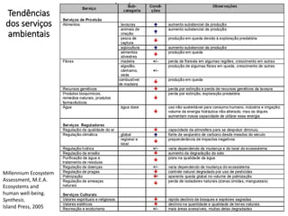 Tendências
dos serviços
ambientais
13
Millennium Ecosystem
Assessment, M.E.A.
Ecosystems and
human well-being.
Synthesis.
Island Press, 2005
 