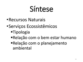 Síntese
16
•Recursos Naturais
•Serviços Ecossistêmicos
Tipologia
Relação com o bem estar humano
Relação com o planejamento
ambiental
 