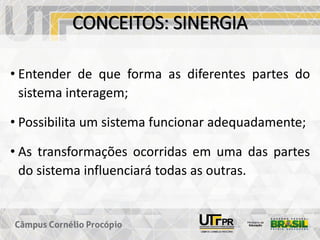 CONCEITOS: SINERGIA
• Entender de que forma as diferentes partes do
sistema interagem;
• Possibilita um sistema funcionar adequadamente;
• As transformações ocorridas em uma das partes
do sistema influenciará todas as outras.
 