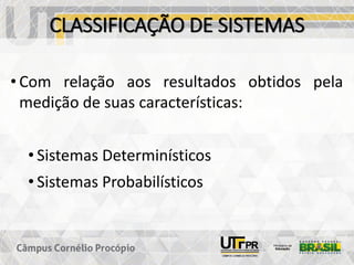 CLASSIFICAÇÃO DE SISTEMAS
• Com relação aos resultados obtidos pela
medição de suas características:
• Sistemas Determinísticos
• Sistemas Probabilísticos
 