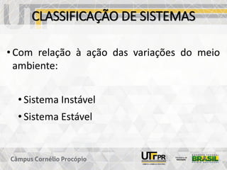 CLASSIFICAÇÃO DE SISTEMAS
• Com relação à ação das variações do meio
ambiente:
• Sistema Instável
• Sistema Estável
 