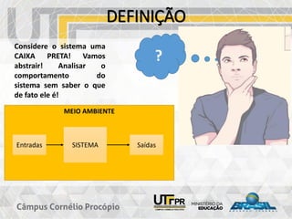 DEFINIÇÃO
MEIO AMBIENTE
Entradas SISTEMA Saídas
?
Considere o sistema uma
CAIXA PRETA! Vamos
abstrair! Analisar o
comportamento do
sistema sem saber o que
de fato ele é!
 