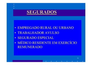SEGURADOS


•   EMPREGADO RURAL OU URBANO
•   TRABALHADOR AVULSO
•   SEGURADO ESPECIAL
•   MÉDICO RESIDENTE EM EXERCÍCIO
    REMUNERADO


                                    11
 
