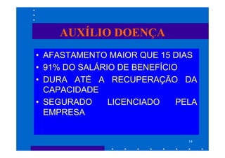 AUXÍLIO DOENÇA
• AFASTAMENTO MAIOR QUE 15 DIAS
• 91% DO SALÁRIO DE BENEFÍCIO
• DURA ATÉ A RECUPERAÇÃO DA
  CAPACIDADE
• SEGURADO     LICENCIADO    PELA
  EMPRESA


                               14
 