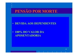 PENSÃO POR MORTE

• DEVIDA AOS DEPENDENTES

• 100% DO VALOR DA
  APOSENTADORIA



                           18
 