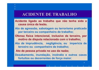 ACIDENTE DE TRABALHO
Acidente ligado ao trabalho que não tenha sido a
  causa única da lesão.
Ato de agressão, sabotagem ou terrorismo praticado
  por terceiro ou companheiro de trabalho;
Ofensa física intencional, inclusive de terceiro, por
  motivo de disputa relacionada com o trabalho;
Ato de imprudência, negligência, ou imperícia de
  terceiro ou companheiro de trabalho;
Ato de pessoa privada no uso da razão;
Desabamento, inundação, incêndio e outros casos
  fortuitos ou decorrentes de força maior;
                                                  5
 