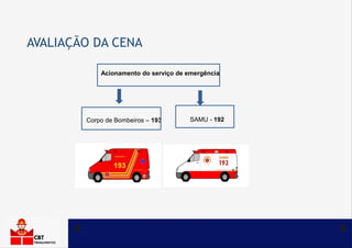 AVALIAÇÃO DA CENA
Corpo de Bombeiros – 193
Acionamento do serviço de emergência
SAMU - 192
 
