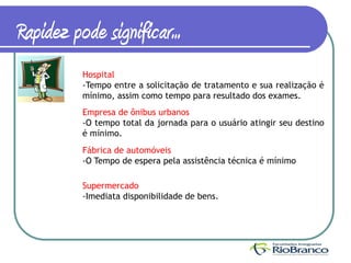 Rapidez pode significar...
          Hospital
          -Tempo entre a solicitação de tratamento e sua realização é
          mínimo, assim como tempo para resultado dos exames.
          Empresa de ônibus urbanos
          -O tempo total da jornada para o usuário atingir seu destino
          é mínimo.
          Fábrica de automóveis
          -O Tempo de espera pela assistência técnica é mínimo

          Supermercado
          -Imediata disponibilidade de bens.
 