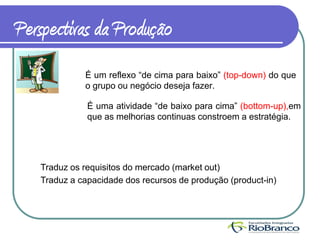 Perspectivas da Produção
             É um reflexo “de cima para baixo” (top-down) do que
             o grupo ou negócio deseja fazer.

              É uma atividade “de baixo para cima” (bottom-up),em
              que as melhorias continuas constroem a estratégia.




   Traduz os requisitos do mercado (market out)
   Traduz a capacidade dos recursos de produção (product-in)
 