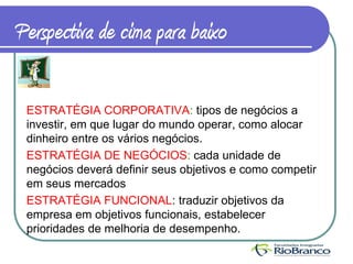 Perspectiva de cima para baixo

 ESTRATÉGIA CORPORATIVA: tipos de negócios a
 investir, em que lugar do mundo operar, como alocar
 dinheiro entre os vários negócios.
 ESTRATÉGIA DE NEGÓCIOS: cada unidade de
 negócios deverá definir seus objetivos e como competir
 em seus mercados
 ESTRATÉGIA FUNCIONAL: traduzir objetivos da
 empresa em objetivos funcionais, estabelecer
 prioridades de melhoria de desempenho.
 