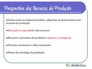 Perspectiva dos Recursos da Produção
  Forma como as empresas herdam, adquirem ou desenvolvem seus
recursos de produção

 Restrições e capacidades dos recursos

 Recursos e processos da produção: tangíveis e intangíveis

 Decisões estruturais e infra-estruturais

 Matriz da estratégia da produção
 