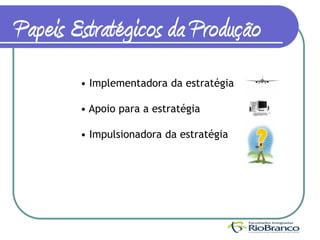 Papeis Estratégicos da Produção
        • Implementadora da estratégia

        • Apoio para a estratégia

        • Impulsionadora da estratégia
 