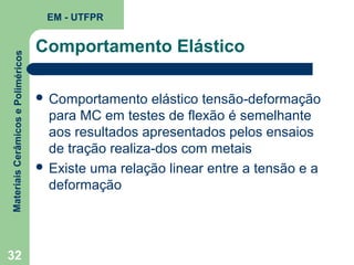 Materiais Cerâmicos e Poliméricos

EM - UTFPR

32

Comportamento Elástico
 Comportamento

elástico tensão-deformação
para MC em testes de flexão é semelhante
aos resultados apresentados pelos ensaios
de tração realiza-dos com metais
 Existe uma relação linear entre a tensão e a
deformação

 