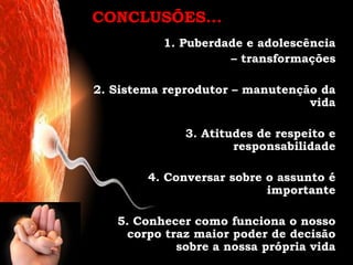 CONCLUSÕES...
          1. Puberdade e adolescência
                    – transformações

2. Sistema reprodutor – manutenção da
                                 vida

              3. Atitudes de respeito e
                      responsabilidade

        4. Conversar sobre o assunto é
                           importante

   5. Conhecer como funciona o nosso
    corpo traz maior poder de decisão
            sobre a nossa própria vida
 